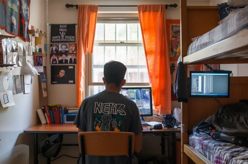 Bangladeshi student sits at his desk studying in his dorm room