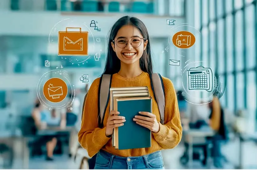 International student holding books in a university building