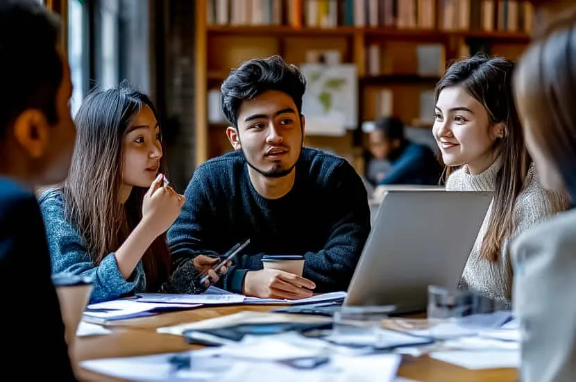 International graduate students sitting at a desk