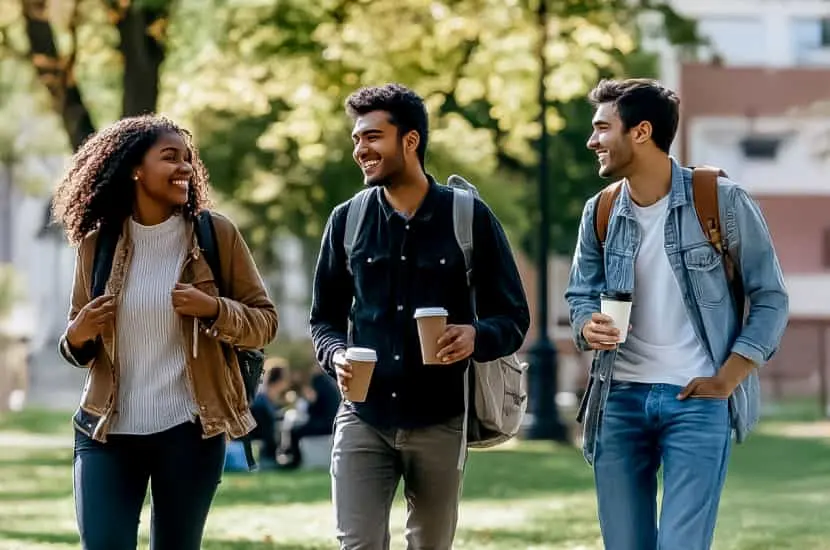 International graduate students walking on campus