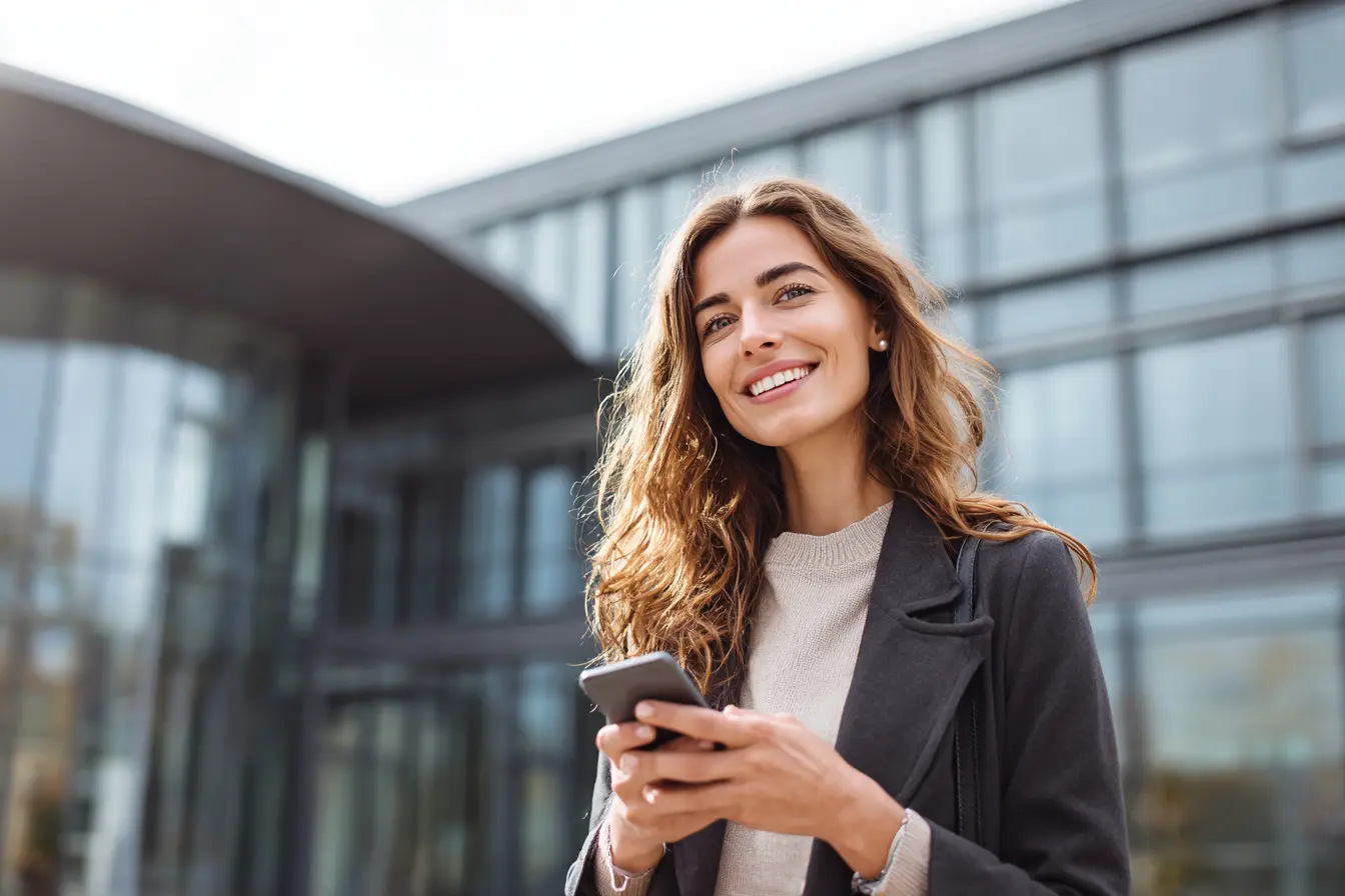 Insert Image alt text hereYoung international graduate standing outside a university building, smiling while checking their phone, symbolizing financial readiness and planning