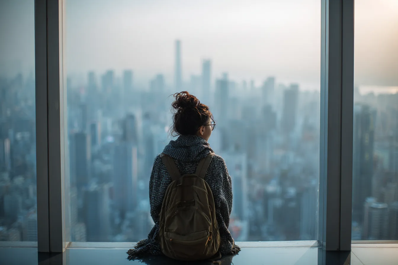 Insert Image alt text hereInternational student gazing out at a city skyline from a high-rise window, representing long-term career planning and financial decision-making beyond graduation.