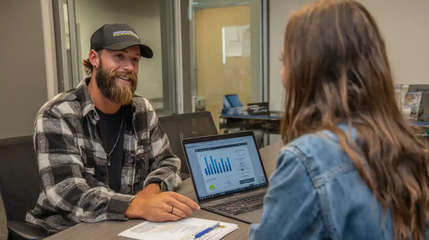 Insert Image alt text hereA student at a career center table talking with a loan advisor, reviewing loan comparison charts on a laptop – capturing a moment of informed financial planning.