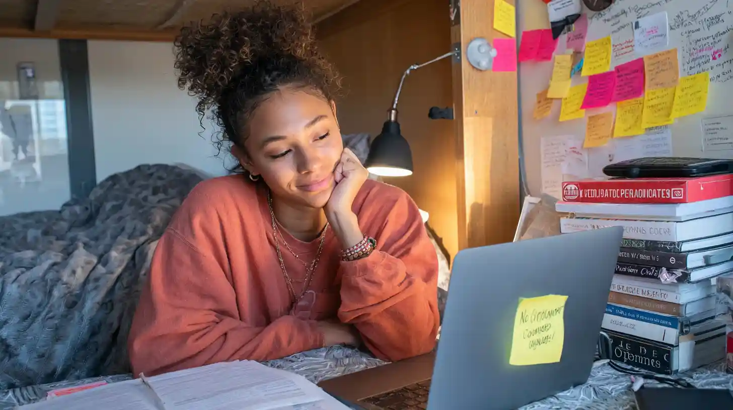 Insert Image alt text hereStudent checks loan eligibility on laptop with “No Cosigner Needed” sticky note