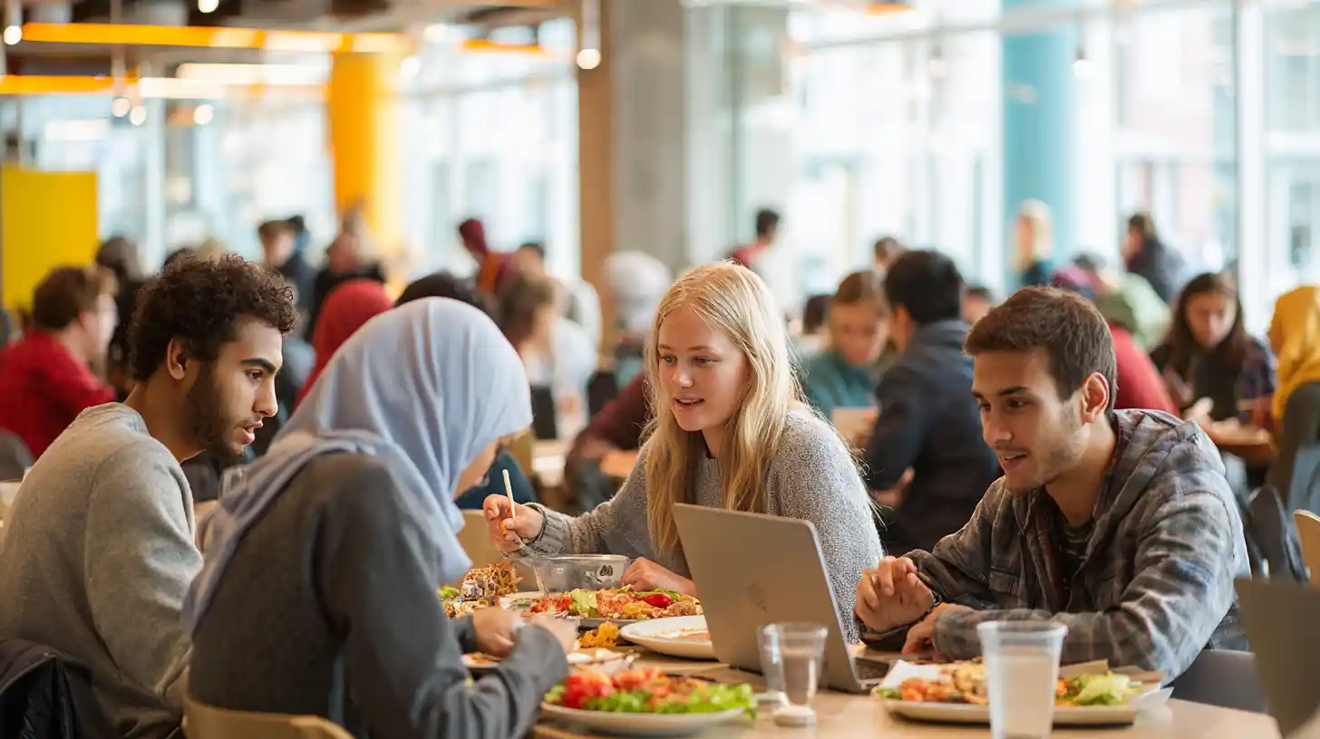 Insert Image alt text hereDiverse group of international students sitting in a university common area, sharing a meal and discussing finances with laptops and notebooks open.