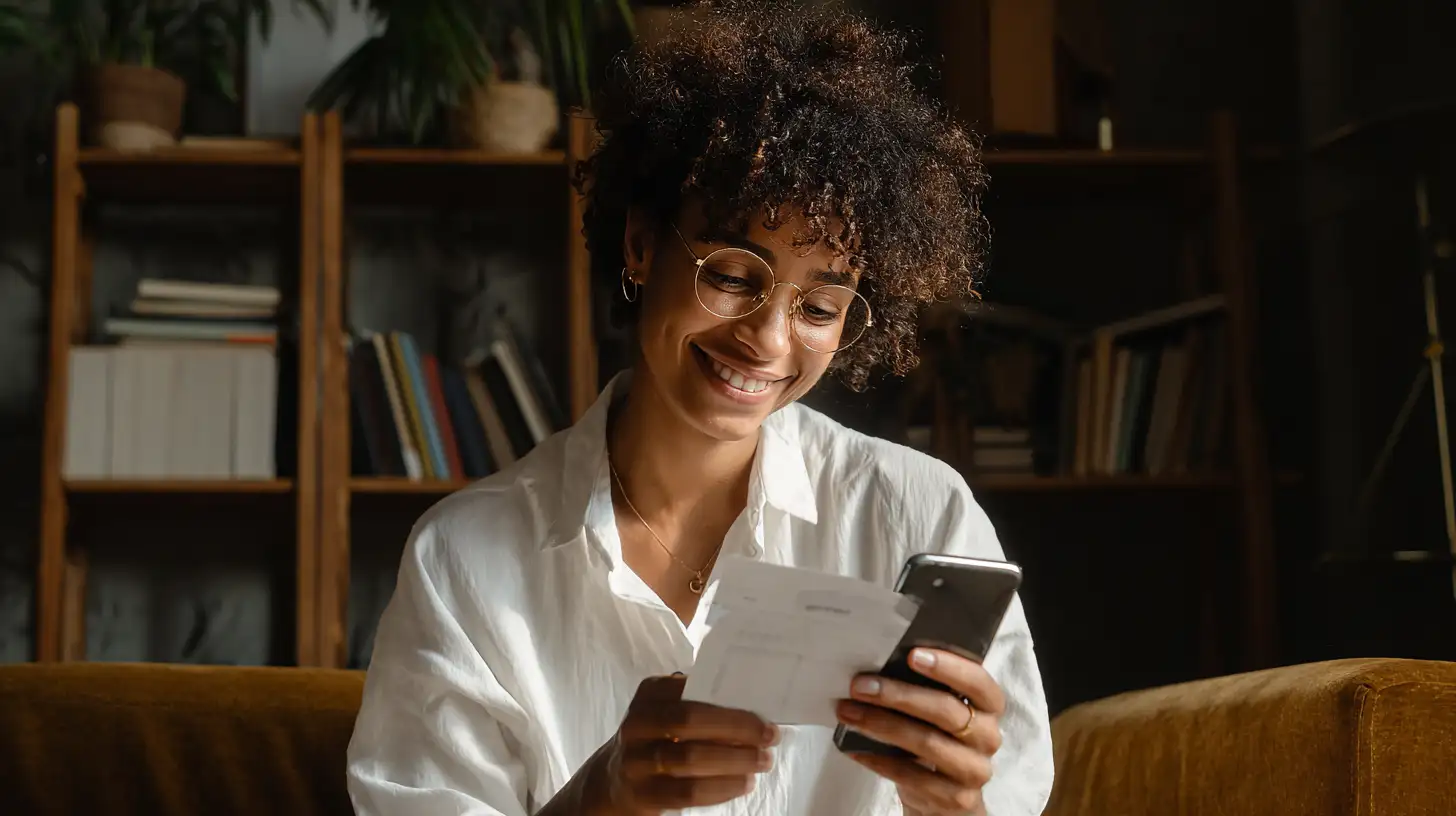 Insert Image alt text hereAn international student smiling while holding a loan approval letter in a cozy study corner, texting family members about the good news.
