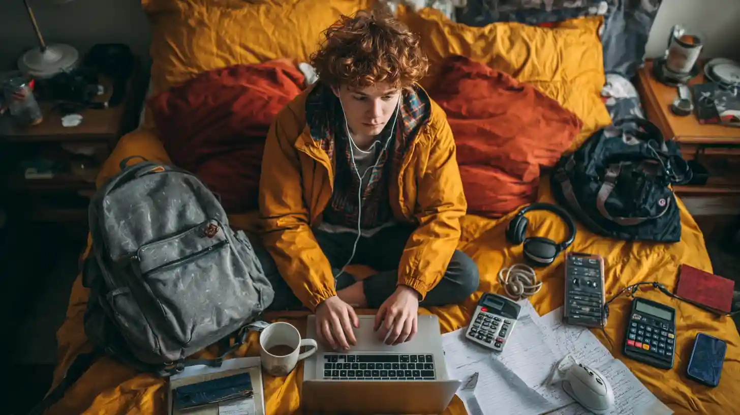 Insert Image alt text hereStudent in a cozy dorm room working on a laptop to calculate their education budget, surrounded by study essentials like a backpack, headphones and a coffee mug