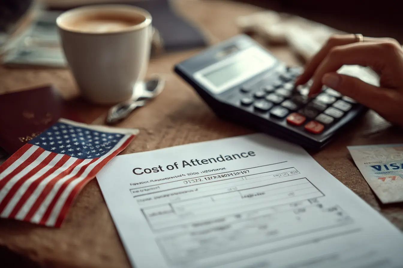 Insert Image alt text hereStudent calculates U.S. education costs with visa document and printed budget sheet