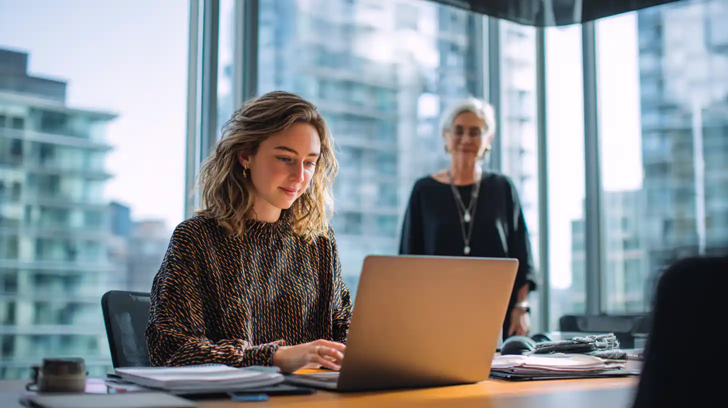 Student intern working on laptop with mentor offering guidance in a modern office.