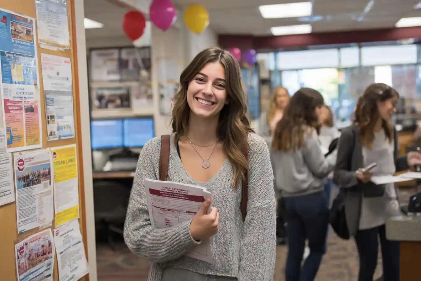 Student leaving university career center with job search folder and internship flyers in background.