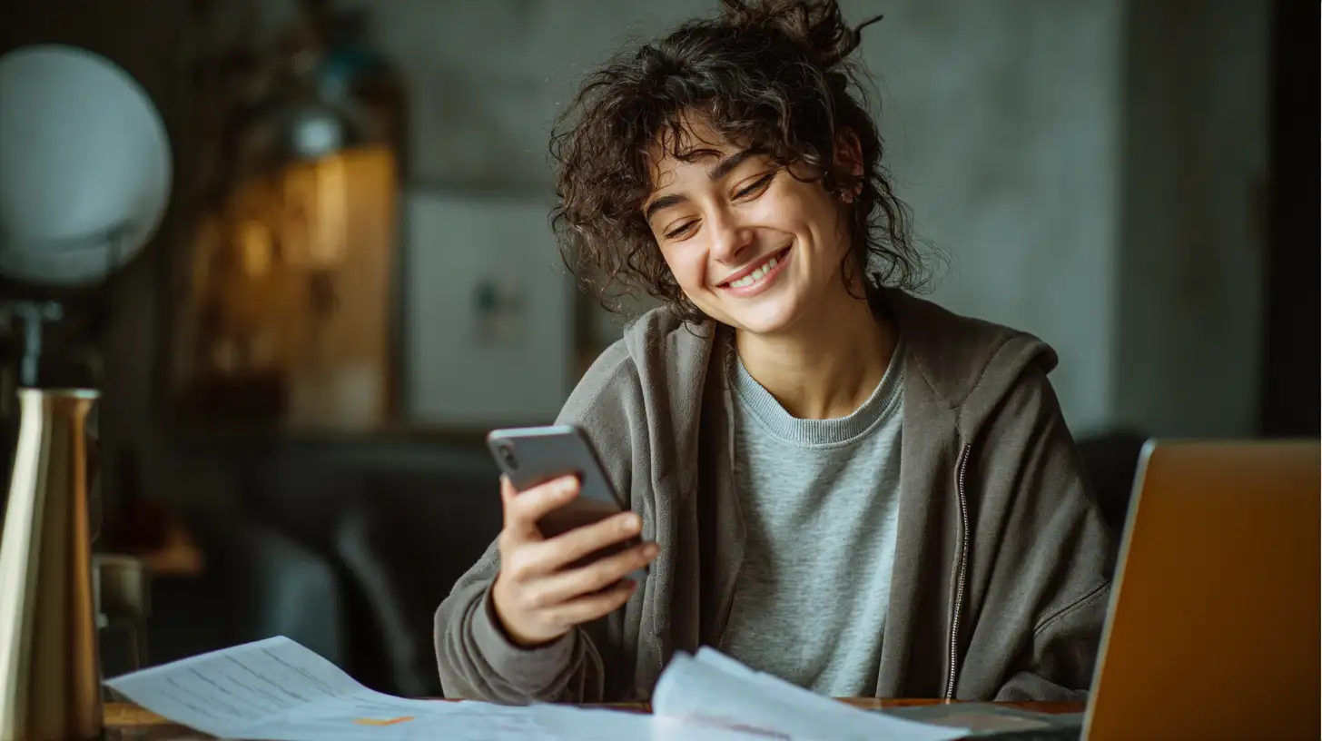 Insert Image alt text hereStudent reads MPOWER loan approval next to passport and textbooks.