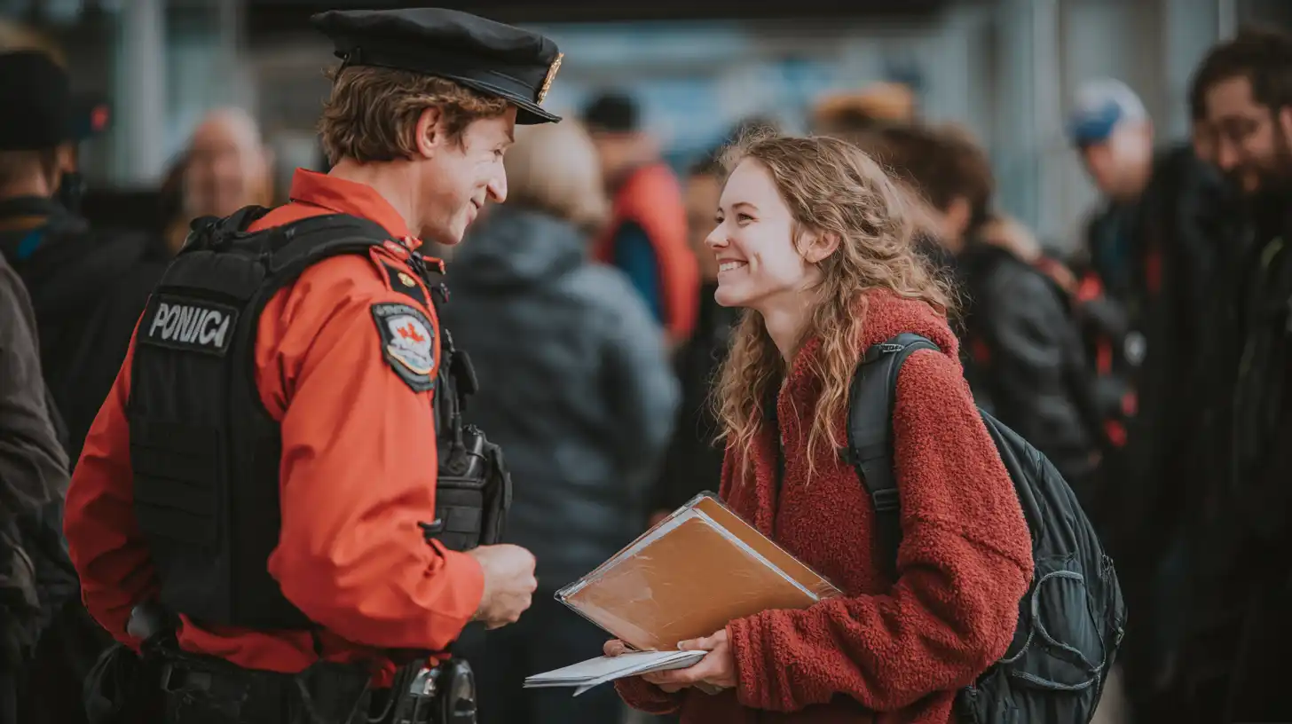 Canadian officer returns passport to student at the border.