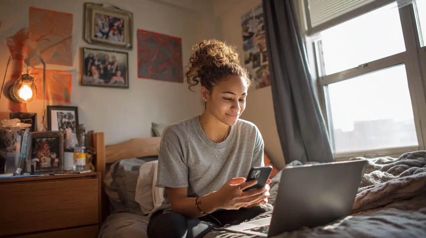 Student checks MPOWER loan approval and visa support letter on phone and laptop.