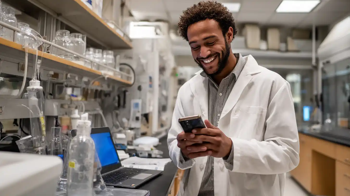 STEM student in lab coat receives MPOWER loan approval message in a science lab setting.
